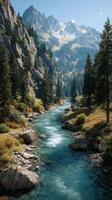 Majestic mountain landscape with a serene river flowing through lush greenery during daylight hours photo