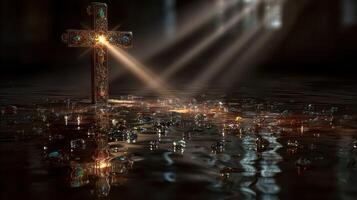 Light beams shine through a decorative cross reflecting on water in an atmospheric setting photo