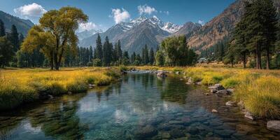 Majestic river flows through lush valley surrounded by towering mountains and vibrant autumn colors in mid-afternoon light photo
