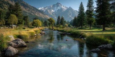 Majestic river flowing through a serene valley with mountains and evergreen trees under a clear sky photo