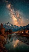 Stars twinkle over a serene river reflecting majestic mountains at night near a peaceful town photo