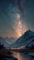 Night sky over mountains with a river reflecting stars and a galaxy in the background photo