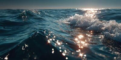 Vibrant ocean waves reflecting sunlight during serene morning hours photo