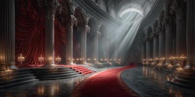 Majestic hall illuminated by sunlight with red carpet and grandiose pillars in an opulent setting photo