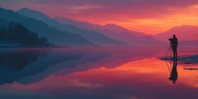 Photographer capturing vibrant sunset reflections over calm waters in a serene mountainous landscape photo