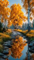 Beautiful autumn landscape with vibrant orange trees and reflective water along a winding path photo
