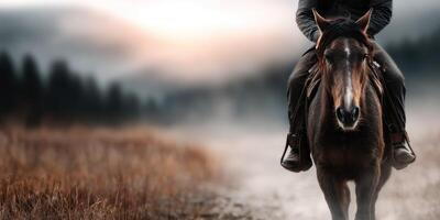 Horse rider on a foggy morning trail in a serene landscape photo