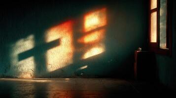 Sunlight casts colorful shadows on a rustic wall in an empty room during late afternoon photo