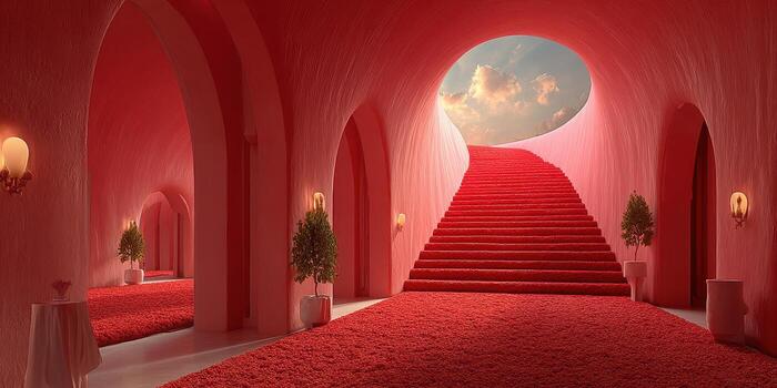Interior space featuring unique red staircase and lush carpet illuminating artistic architecture photo