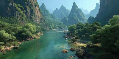 Lush green mountains surround a serene river in the heart of a tranquil valley at midday photo