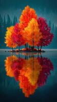 Vibrant autumn trees reflect on tranquil lake in a serene natural setting during a sunny day photo
