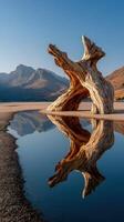 Stunning reflection of a twisted tree trunk in a serene landscape at sunrise in the mountains photo