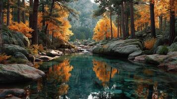 Autumn forest landscape with serene river reflecting colorful foliage in a tranquil setting photo