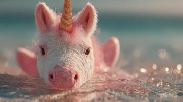 Cute pink unicorn-like creature swimming playfully in crystal clear water during sunny day at the beach photo