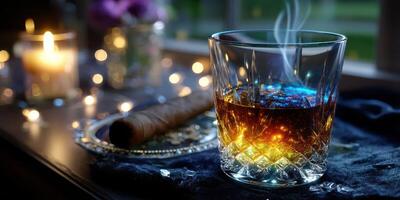 Premium whiskey in a crystal glass with a cigar beside and flickering candlelight creating a warm ambiance photo