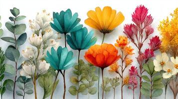 Vibrant watercolor flowers showcasing diverse colors and shapes in a botanical arrangement photo