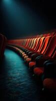 Rows of empty red theater seats illuminated by soft light in a dimly lit auditorium photo
