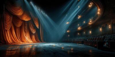 Illuminated theater stage with velvet curtains and dimly lit audience seating during a performance preparation photo