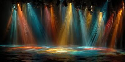 Colorful stage lights create an energetic atmosphere in a performance venue during an evening show photo