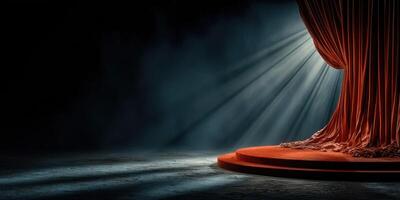 Curtain on stage with dramatic lighting highlighting the performance area during a theatrical production in an empty auditorium photo