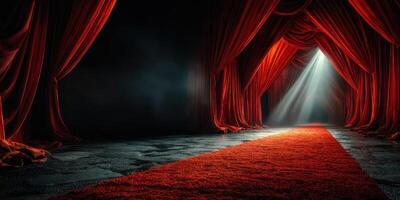 Intricately designed red velvet curtain backdrop with spotlight illuminating a carpet leading to the stage photo