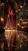 Spectacular holiday gala in an opulent ballroom adorned with red curtains and festive decorations during a winter evening photo
