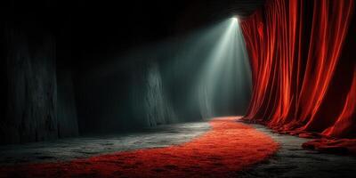 Red curtain and spotlight creating a mysterious atmosphere in a dimly lit space with a textured floor photo