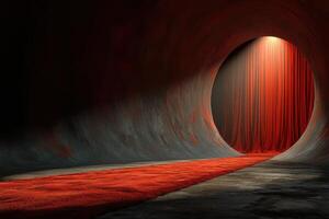 Red carpet leads to illuminated stage with curtains in dark cavernous space during an event setup photo