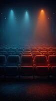 Empty theater with contrasting colored lights creates a dramatic atmosphere for an upcoming performance photo