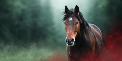 Majestic brown horse standing in a misty forest at dawn, embodying grace and strength in nature's serene embrace photo