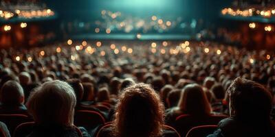 Crowd enjoying a live performance in a grand theater with dim lighting and a vibrant atmosphere photo