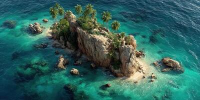 Island with lush palm trees and crystal clear waters surrounded by rocky formations at midday photo