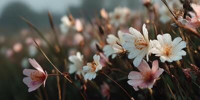 Blooming wildflowers in a serene meadow at dawn showcasing nature's beauty and tranquility in early spring photo