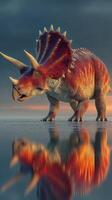 Triceratops standing in shallow water during sunset, showcasing its colorful skin and majestic stance photo