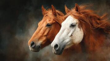 Horses showcasing their unique beauty in a dramatic artistic setting with rich textures and colors at dusk photo