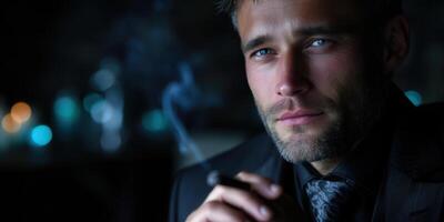 Man with piercing blue eyes smokes a cigar while dressed in a formal suit in a dimly lit venue during the evening hours photo