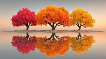 Vibrant autumn trees reflect in tranquil water at sunset near a serene landscape photo