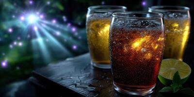 Refreshing drinks with citrus garnishes at a lively outdoor gathering during a summer evening photo