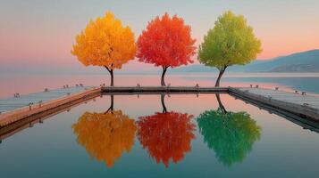 Vibrant trees reflect beautifully in calm water at sunset by the marina in autumn scenery photo