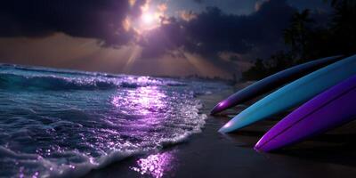 Surfers prepare for night surfing under a moonlit sky on a tranquil beach photo