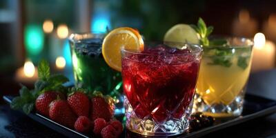 Refreshing summer cocktails with vibrant colors served on a tray at an evening gathering photo
