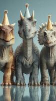 Three dinosaurs in party hats celebrate together in a cheerful atmosphere, showcasing friendship and fun photo