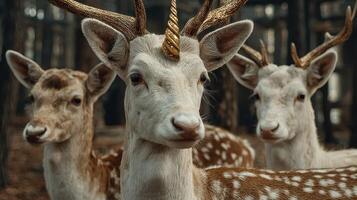 Majestic deer with unique golden horns in a serene forest environment during twilight hours photo