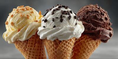 Delightful ice cream cones featuring three distinct flavors served in crisp cones at a sunny outdoor location photo