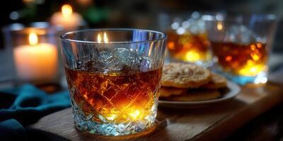 Evening relaxation with whiskey and cookies around flickering candlelight photo