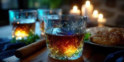 Warm evening gathering with whiskey, cigar, and cookies in a cozy setting photo