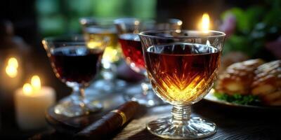 Elegant glasses of assorted beverages and a lit candle create a warm atmosphere at an evening gathering in a cozy setting photo