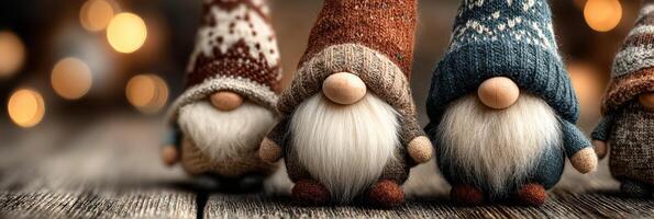 Festive gnomes in cozy knit hats on a wooden surface during a warm holiday gathering photo