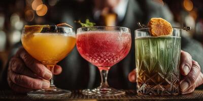Colorful cocktails with garnishes served in elegant glasses at a lively bar setting during the evening photo