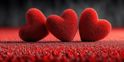 Three vibrant red hearts nestled on a textured surface create a striking visual representation of love and affection photo